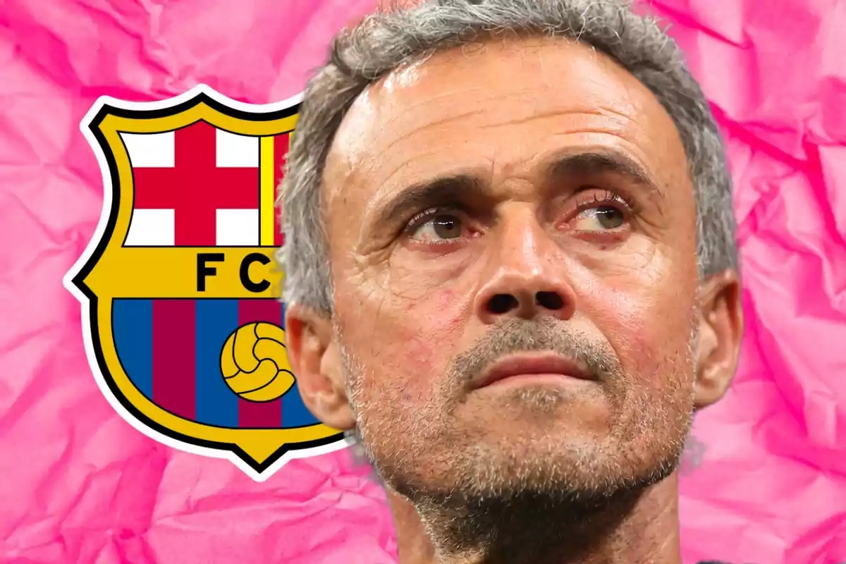 Man looking up with FC Barcelona crest background on a pink background.