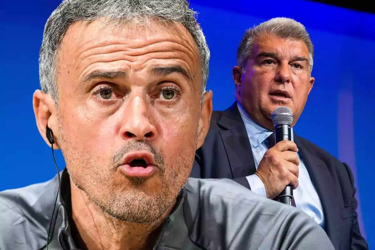 Luis Enrique amb la boca oberta i Joan Laporta subjectant un micròfon