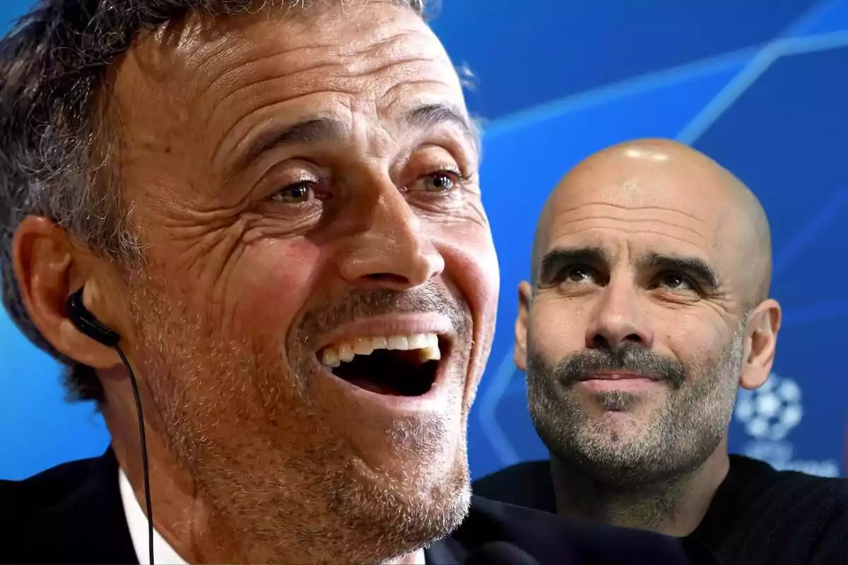 Luis Enrique amb la boca oberta al costat de Pep Guardiola, molest