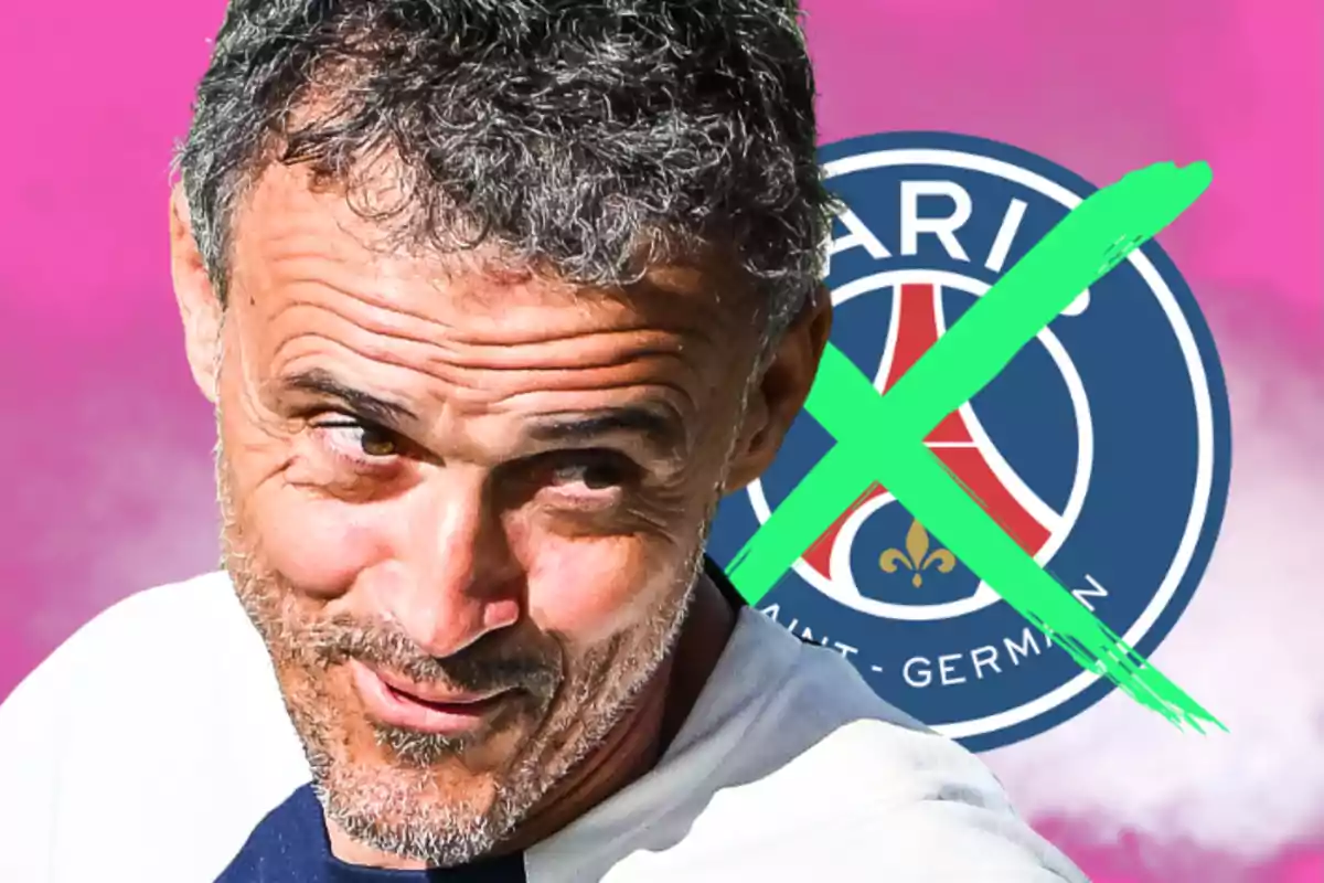 A man with a pensive expression in front of a soccer team logo with a large green X on it and a pink background.