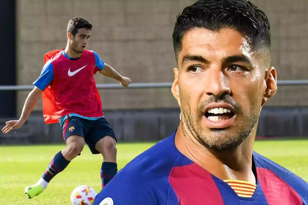 L?exfutbolista uruguaià del Barça Luis Suárez, en primer pla al costat d?una foto d?Àngel Alarcón, davanter del Barça Atlètic de Rafa Márquez.