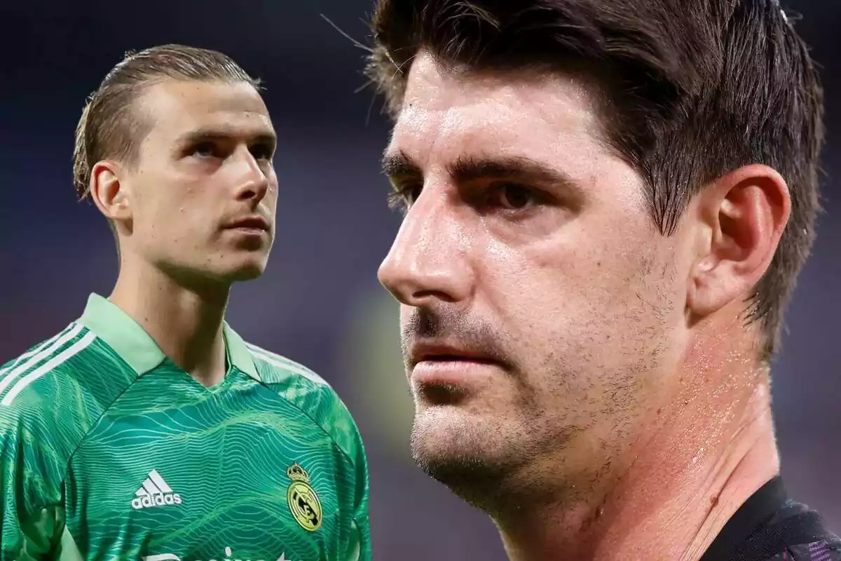 Thibaut Courtois en primer pla amb la mirada perduda al costat d'Andriy Lunin amb la samarreta del Reial Madrid mirant cap amunt