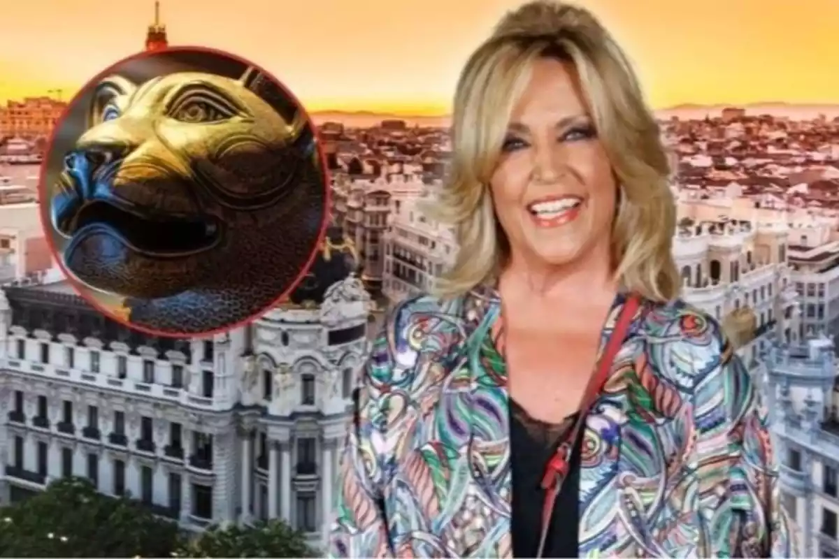 Lydia Lozano sobre un fons de Madrid ia l'esquerra una rodona amb una figura d'un puma daurat