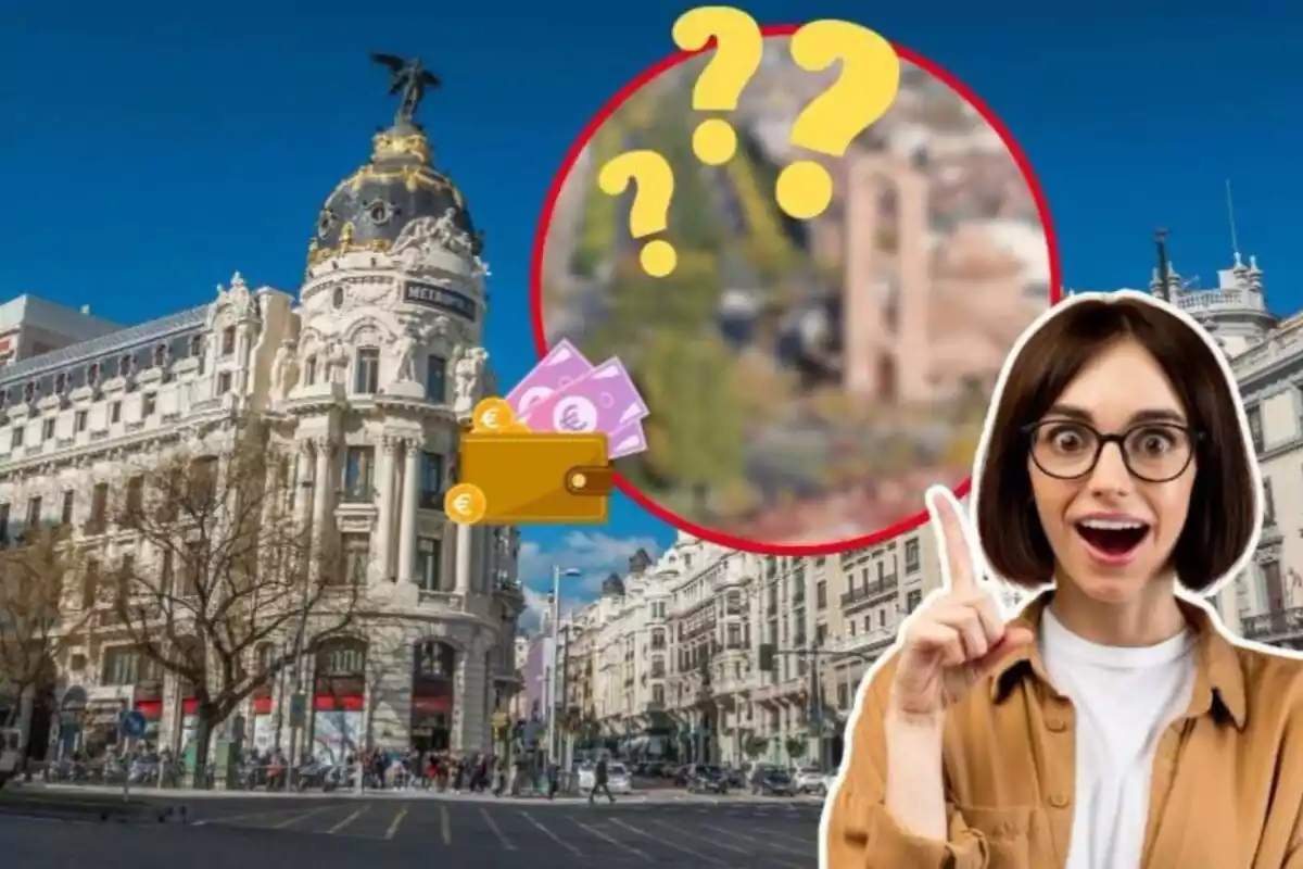 Imatge de fons de la ciutat de Madrid, amb una imatge d'una dona amb gest de sorpresa, una altra imatge desenfocada de Pozuelo de Alarcón i emoticones de diners i d'interrogants