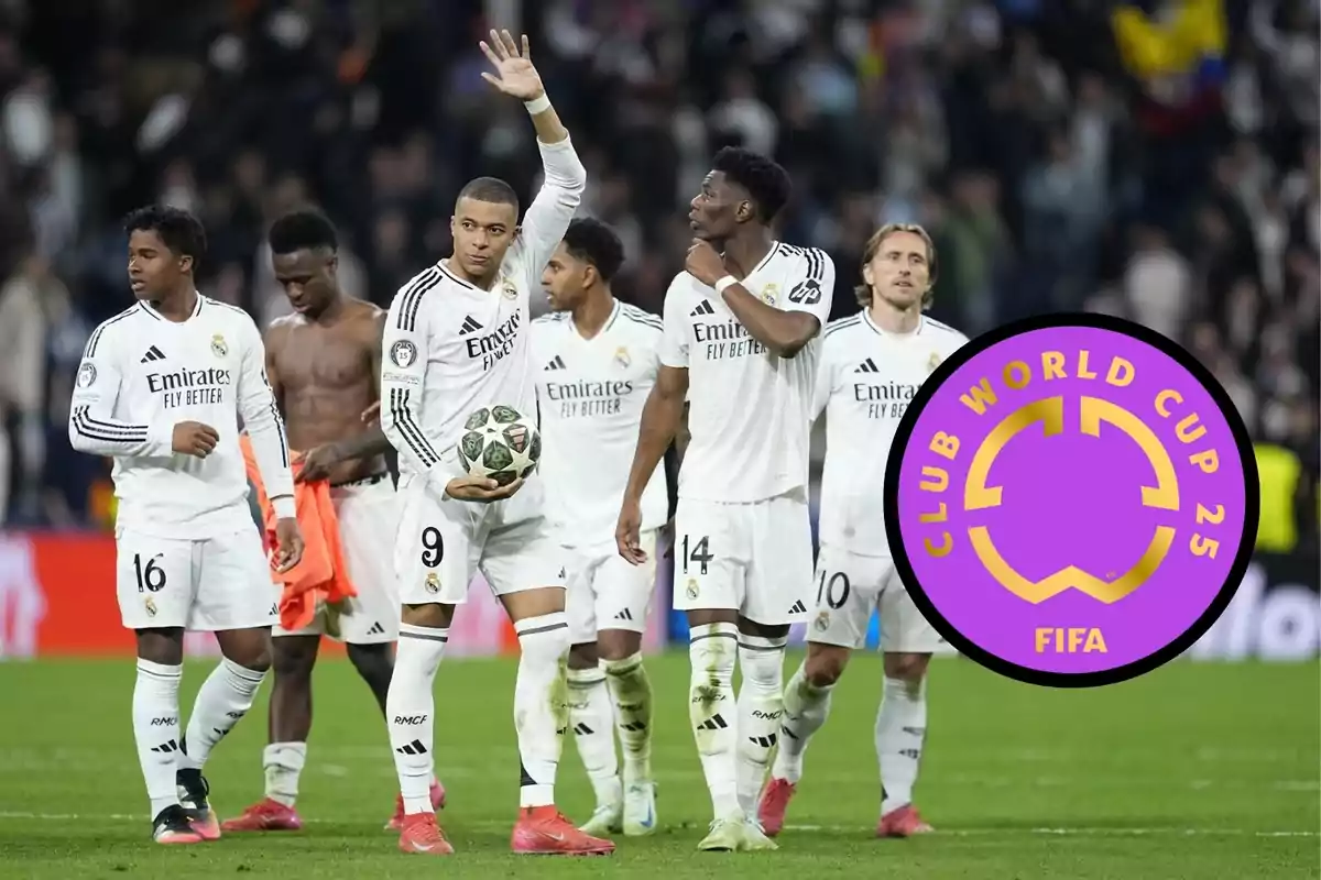 Jugadors del Reial Madrid celebren al camp amb una pilota de la Champions i un logotip del Club World Cup 2025 de la FIFA apareix a la imatge. Jugadors del Reial Madrid celebren al camp amb una pilota de la Champions i un logotip del Club World Cup 2025 de la FIFA apareix a la imatge.