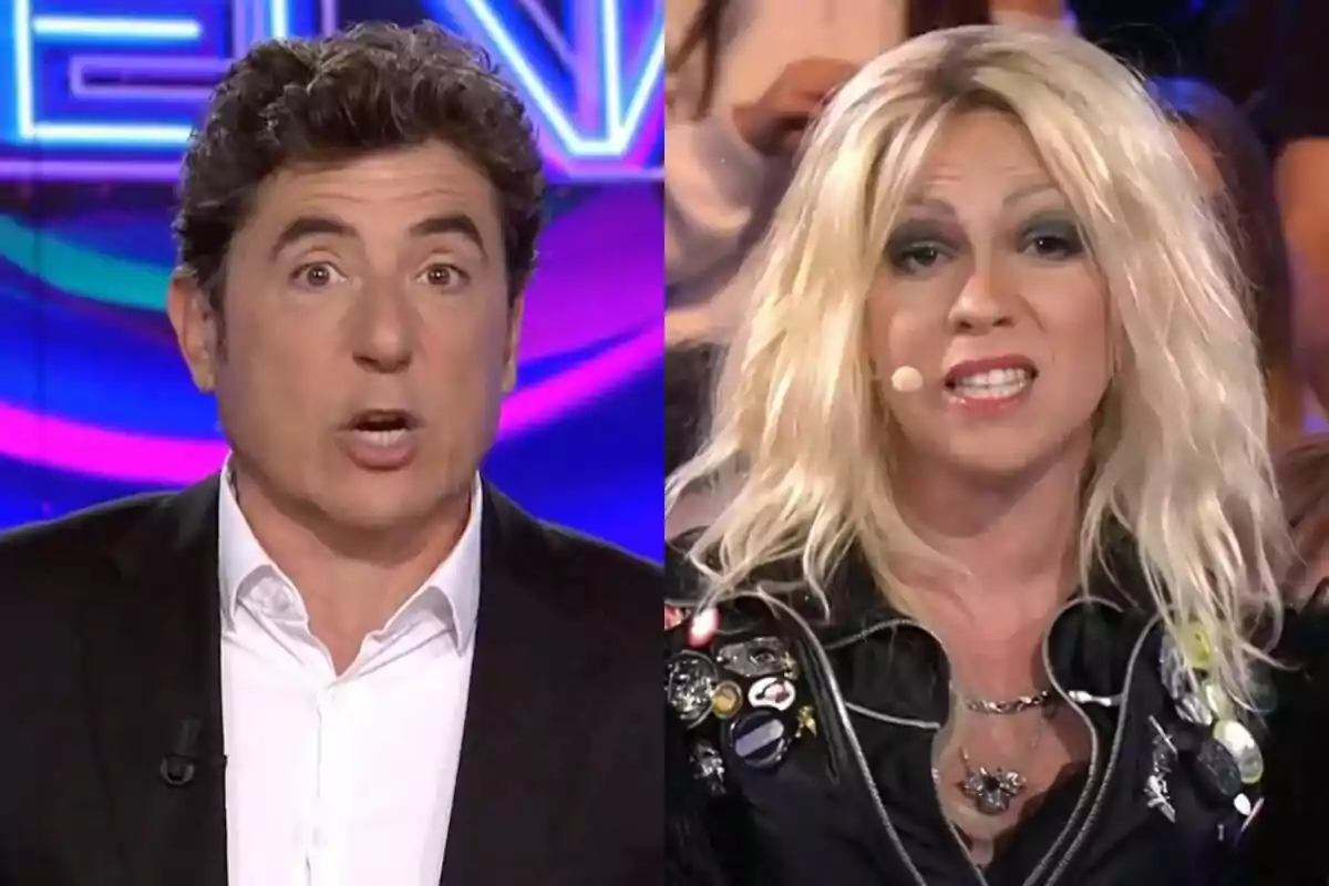 Manel Fuentes i Yenesi a 'Tu cara me suena', una amb vestit fosc i camisa blanca, l'altra amb perruca rossa, jaqueta de cuir i maquillatge cridaner, totes dues amb micròfon a la galta.