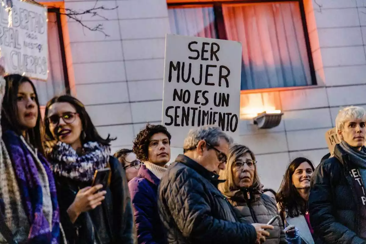 Pla mitjà de diversos manifestants en una protesta contra la llei Trans, amb una portant una pancarta en què es llegeix la frase 'ser dona no és un sentiment'