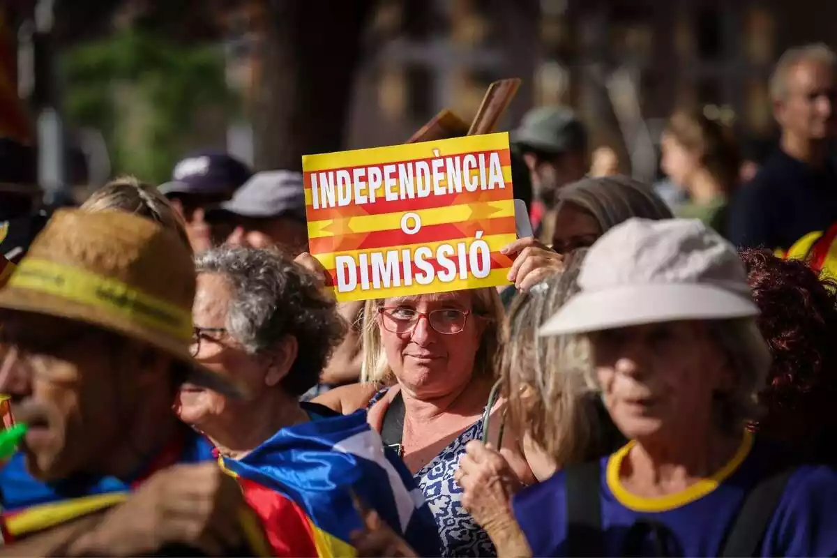 Imatge de la manifestació de la Diada del 11S amb una dona amb ulleres mostrant una pancarta amb el lema 'independència o dimissió' i una Senyera de fons