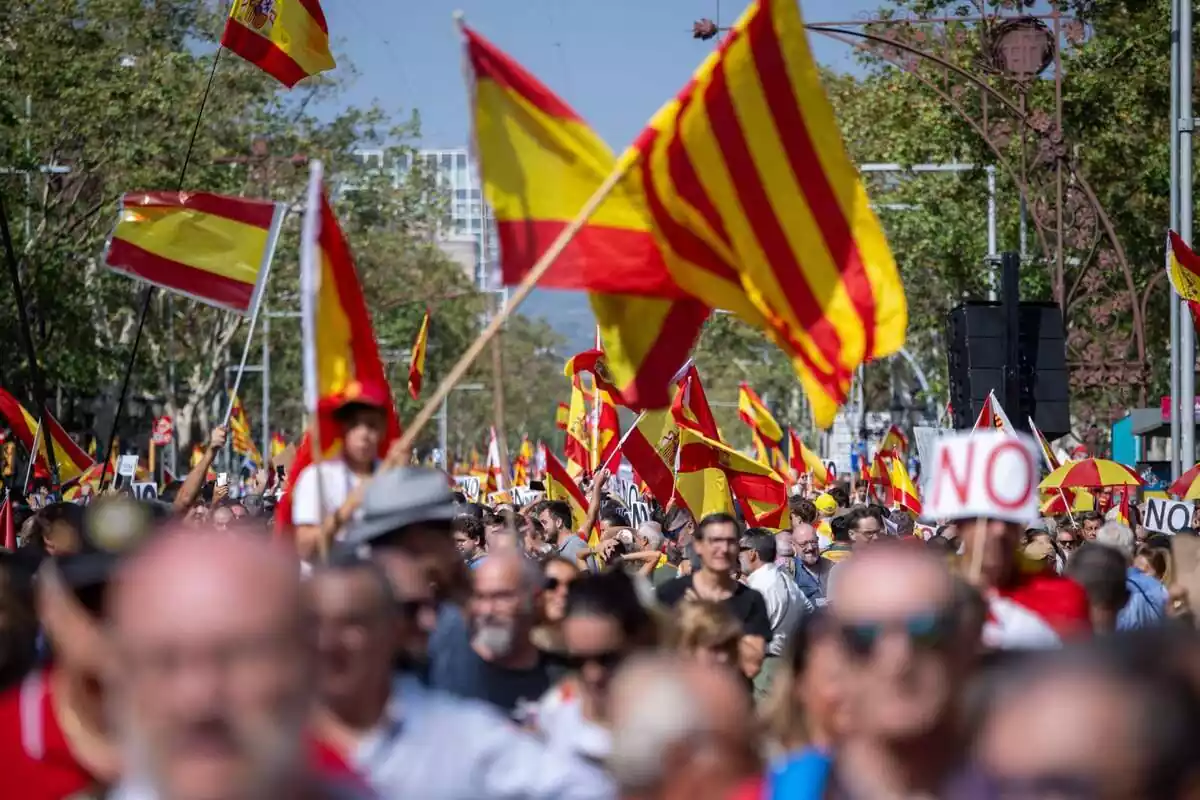 Imatge de la manifestació contra l'amnistia a Barcelona amb desenes de persones onenant banderes espanyoles i catalanes