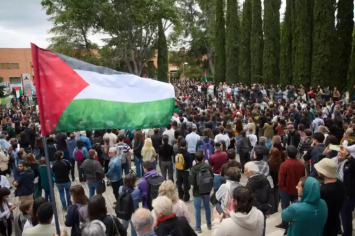 Decenas de personas durante la concentración en solidaridad por el pueblo palestino, en el campus de Ciudad Universitaria, a 14 de mayo de 2024, en Madrid (España)