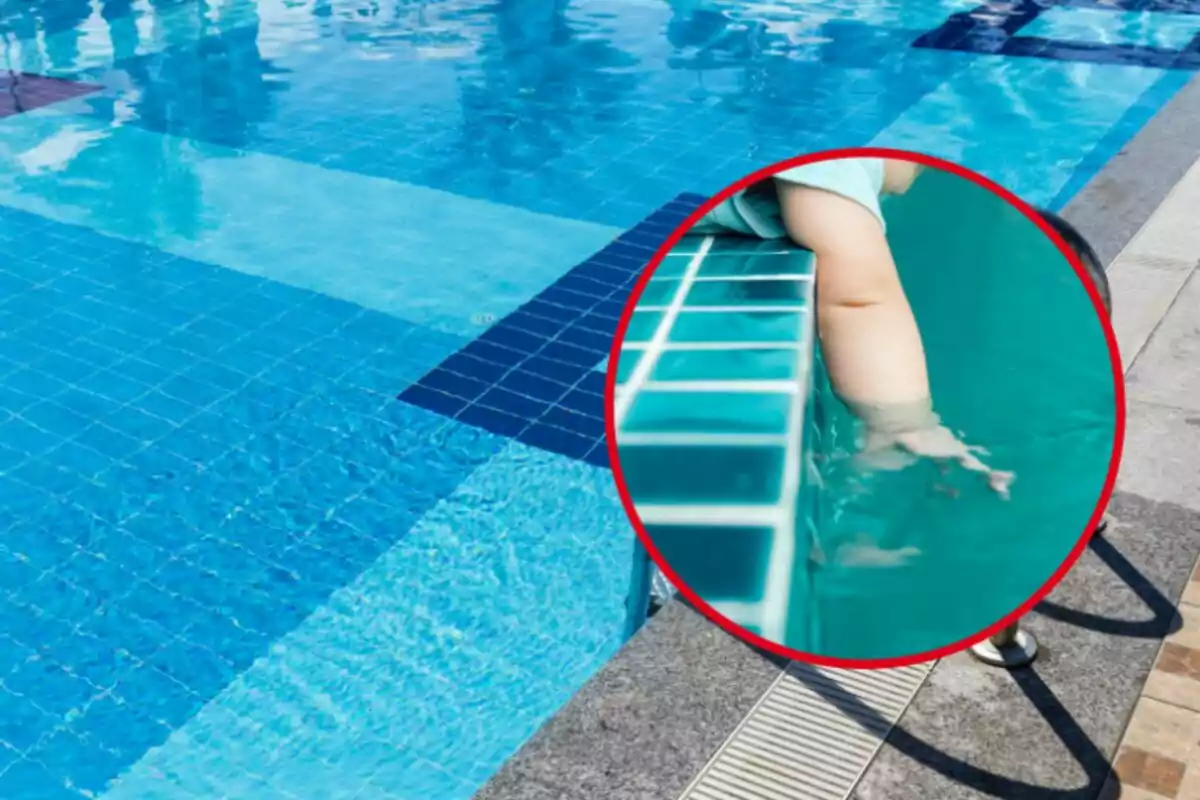 Muntatge amb una piscina d'aigua blava i un nen ficant la mà a l'aigua Muntatge amb una piscina d'aigua blava i un nen ficant la mà a l'aigua