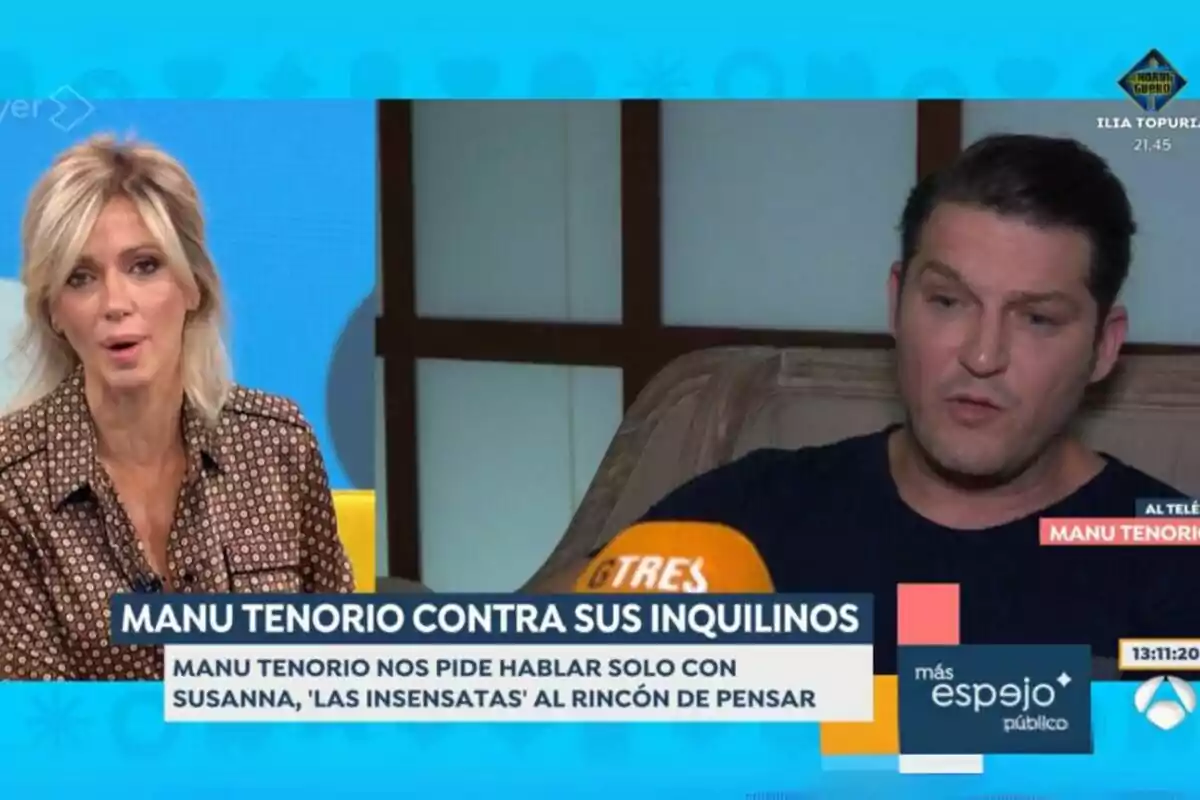 Susanna Grisoo i Manu Tenorio estan participant en un programa de televisió anomenat "més Espejo Público" on es discuteix el tema "Manu Tenorio contra els seus llogaters".