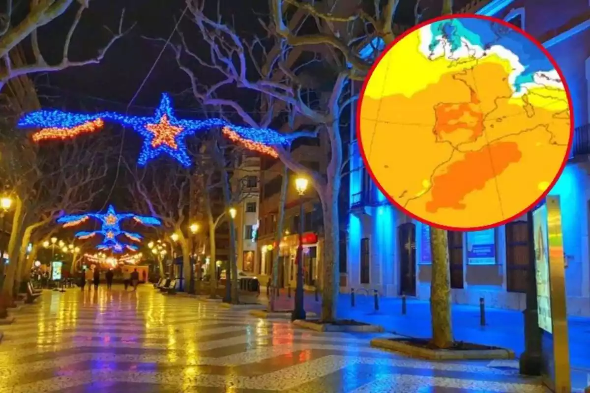 Imatge de fons d'una ciutat amb llums de Nadal i una altra d'un mapa de l'AEMET amb previsió de temperatures