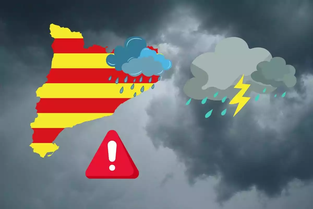 Mapa de Catalunya amb símbols de pluja, tempesta i un senyal d'advertiment sobre un fons de núvols foscos.