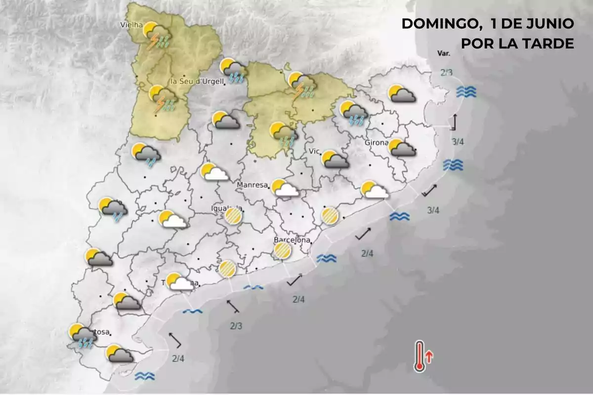 Mapa meteorològic de Catalunya per a la tarda de diumenge 1 de juny amb icones que indiquen pluges, tempestes i núvols al nord i a l’oest, mentre que a la costa i al sud predominen intervals ennuvolats i temperatures en ascens. Mapa meteorològic de Catalunya per a la tarda de diumenge 1 de juny amb icones que indiquen pluges, tempestes i núvols al nord i a l’oest, mentre que a la costa i al sud predominen intervals ennuvolats i temperatures en ascens.