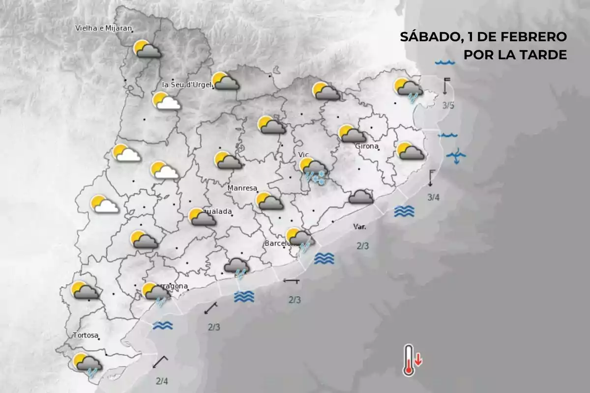 Weather map of Catalonia for the afternoon of Saturday, February 1, 2025, showing clouds and clear skies in various regions, with some areas of rain and wave symbols on the coast.