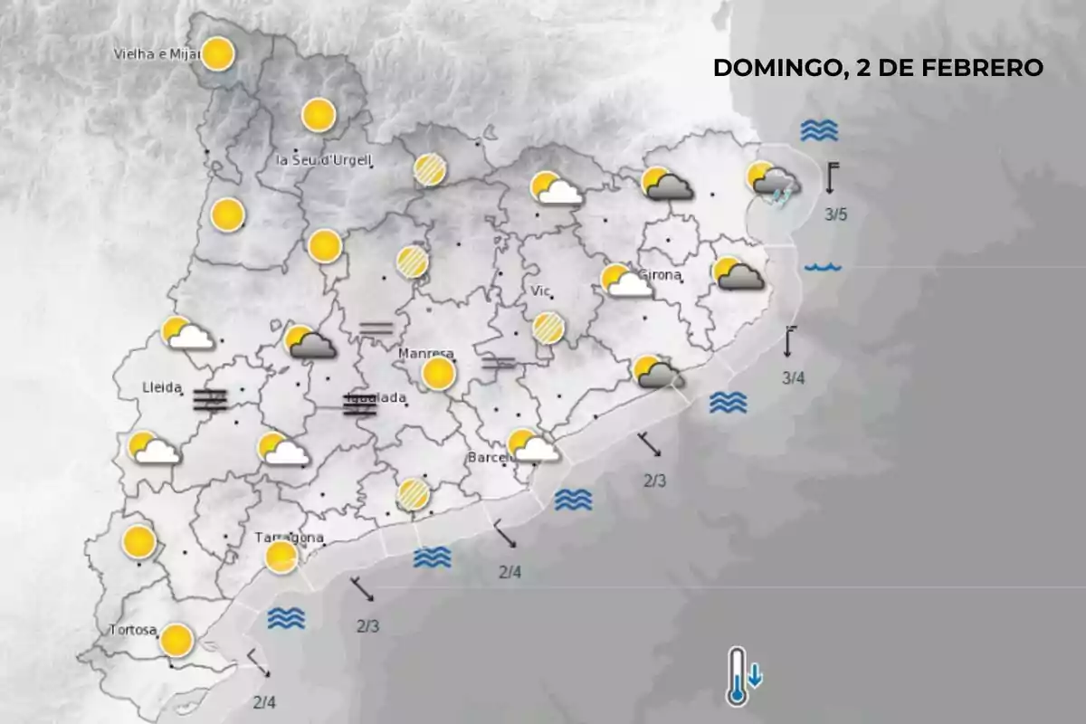 Weather map of Catalonia for Sunday, February 2, 2025, showing different weather conditions such as sun, clouds, and rain in various regions.