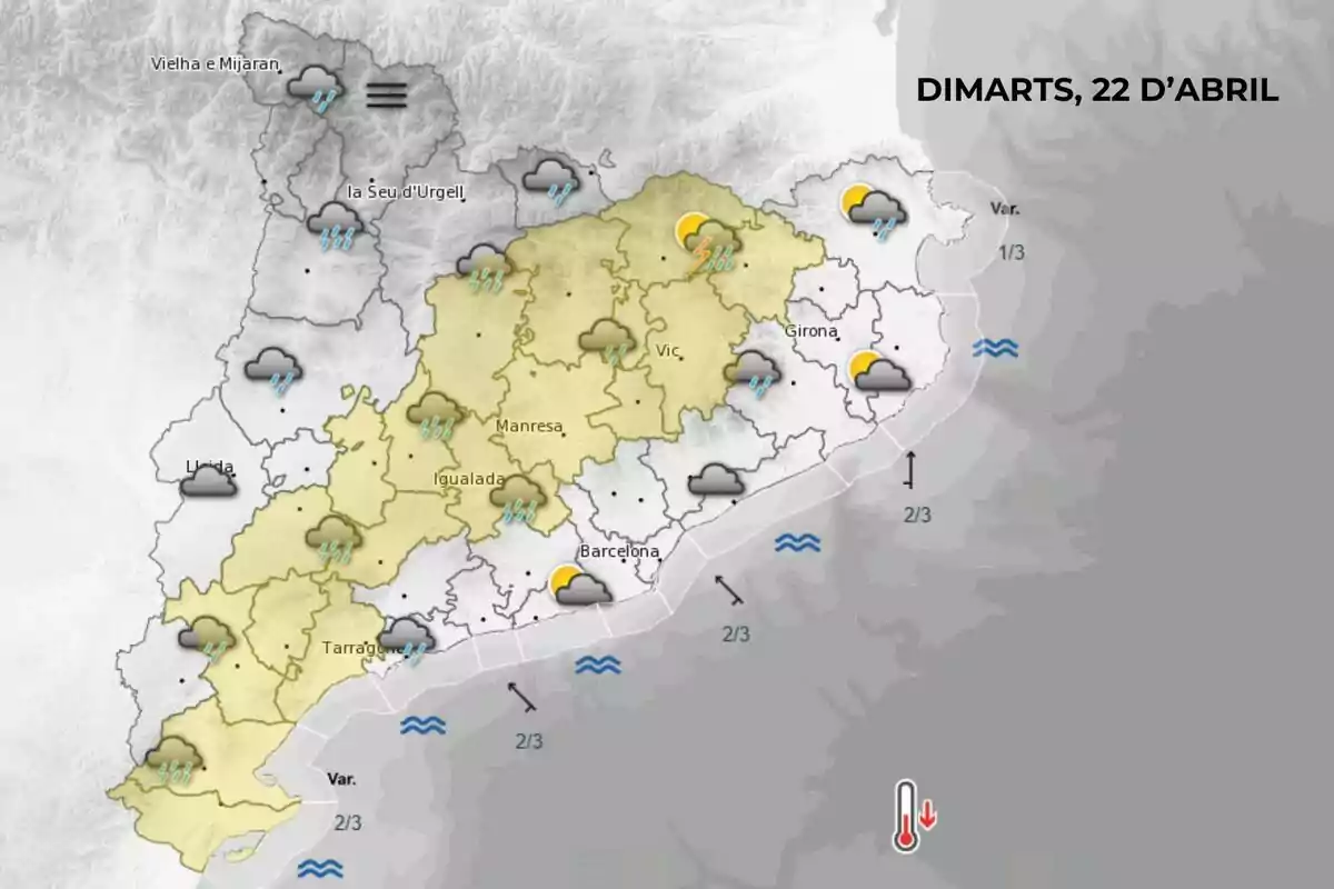 Mapa meteorològic de Catalunya per al dimarts 22 d'abril, mostrant pluges i tempestes en diverses regions, amb símbols de núvols, pluja i sol parcial, i àrees destacades en groc. Mapa meteorològic de Catalunya per al dimarts 22 d'abril, mostrant pluges i tempestes en diverses regions, amb símbols de núvols, pluja i sol parcial, i àrees destacades en groc.