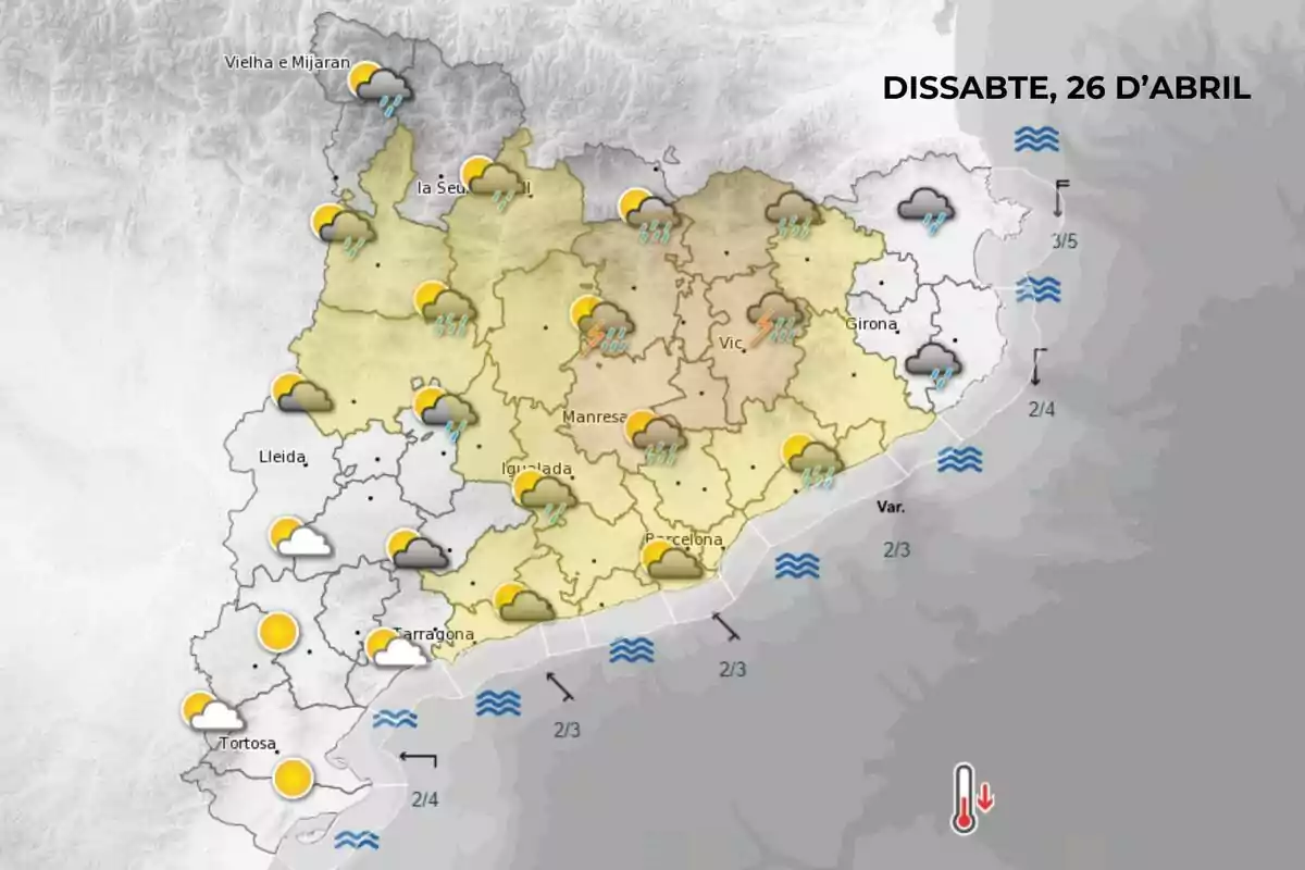Mapa del temps a Catalunya per al dissabte 26 d'abril mostrant diferents condicions climàtiques com sol, núvols, pluja i tempestes en diverses regions. Mapa del temps a Catalunya per al dissabte 26 d'abril mostrant diferents condicions climàtiques com sol, núvols, pluja i tempestes en diverses regions.
