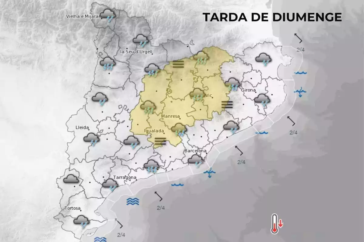 Map with Meteocat forecast for this Sunday with precipitation and clouds