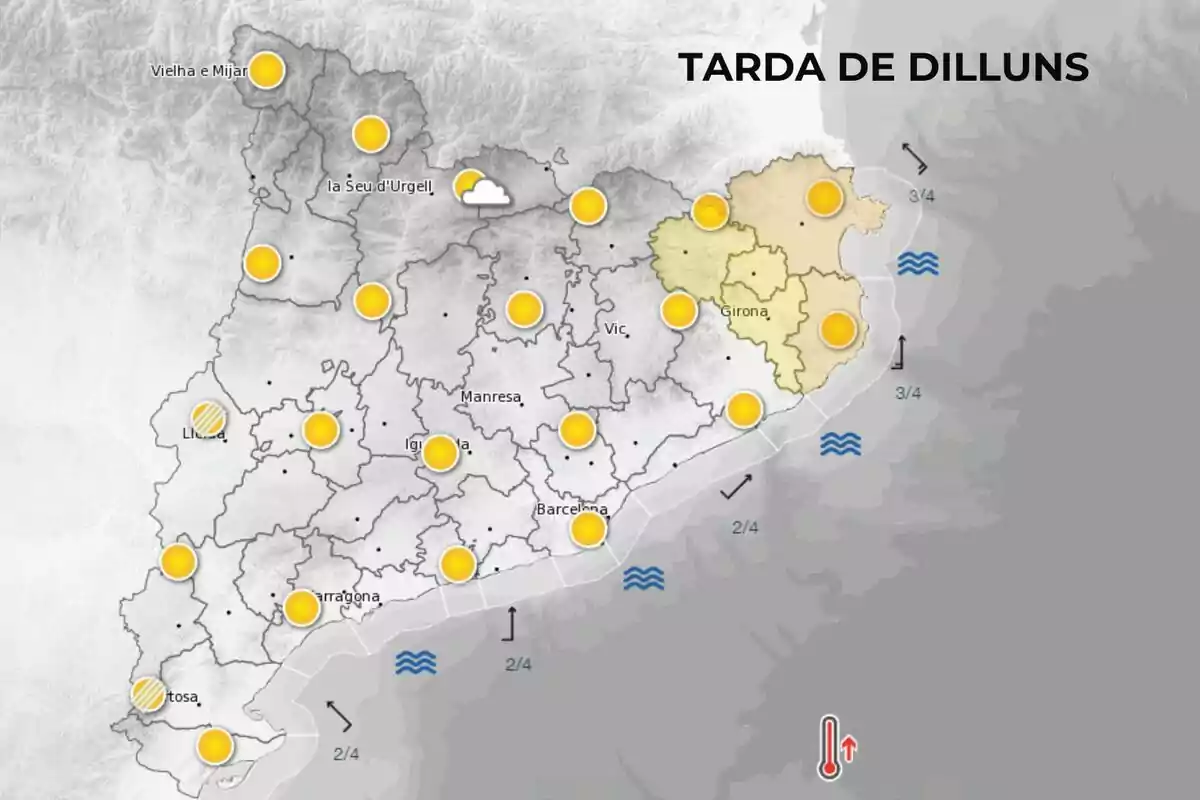 Mapa meteorològic de Catalunya per a la tarda de dilluns mostrant majorment cels clars amb alguns núvols a la regió de la Seu d'Urgell i possibles pluges a Lleida. Mapa meteorològic de Catalunya per a la tarda de dilluns mostrant majorment cels clars amb alguns núvols a la regió de la Seu d'Urgell i possibles pluges a Lleida.