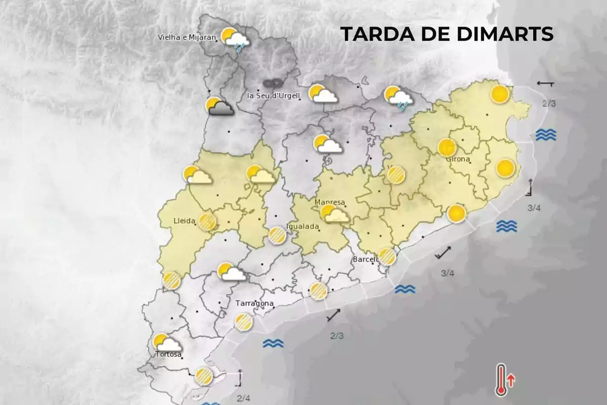 Mapa meteorològic de Catalunya per a la tarda de dimarts, mostrant diferents condicions climàtiques a diverses regions, amb núvols, sol i algunes pluges. Mapa meteorològic de Catalunya per a la tarda de dimarts, mostrant diferents condicions climàtiques a diverses regions, amb núvols, sol i algunes pluges.