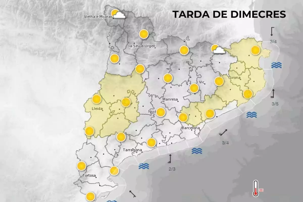 Mapa meteorològic de Catalunya per a la tarda de dimecres mostrant majorment cels clars amb alguns núvols al nord i nord-est. Mapa meteorològic de Catalunya per a la tarda de dimecres mostrant majorment cels clars amb alguns núvols al nord i nord-est.