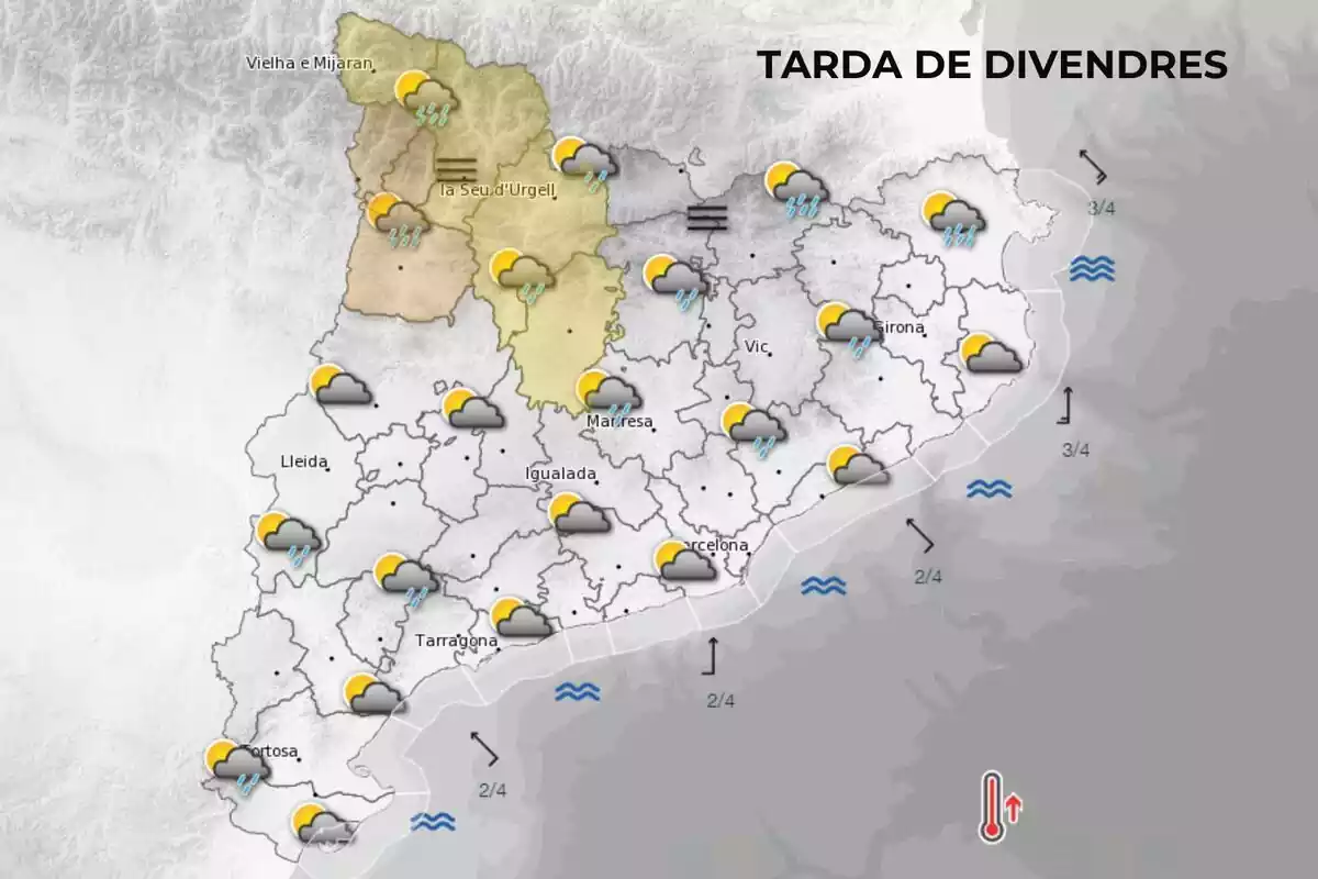 Meteocat weather forecast map with clouds and rain