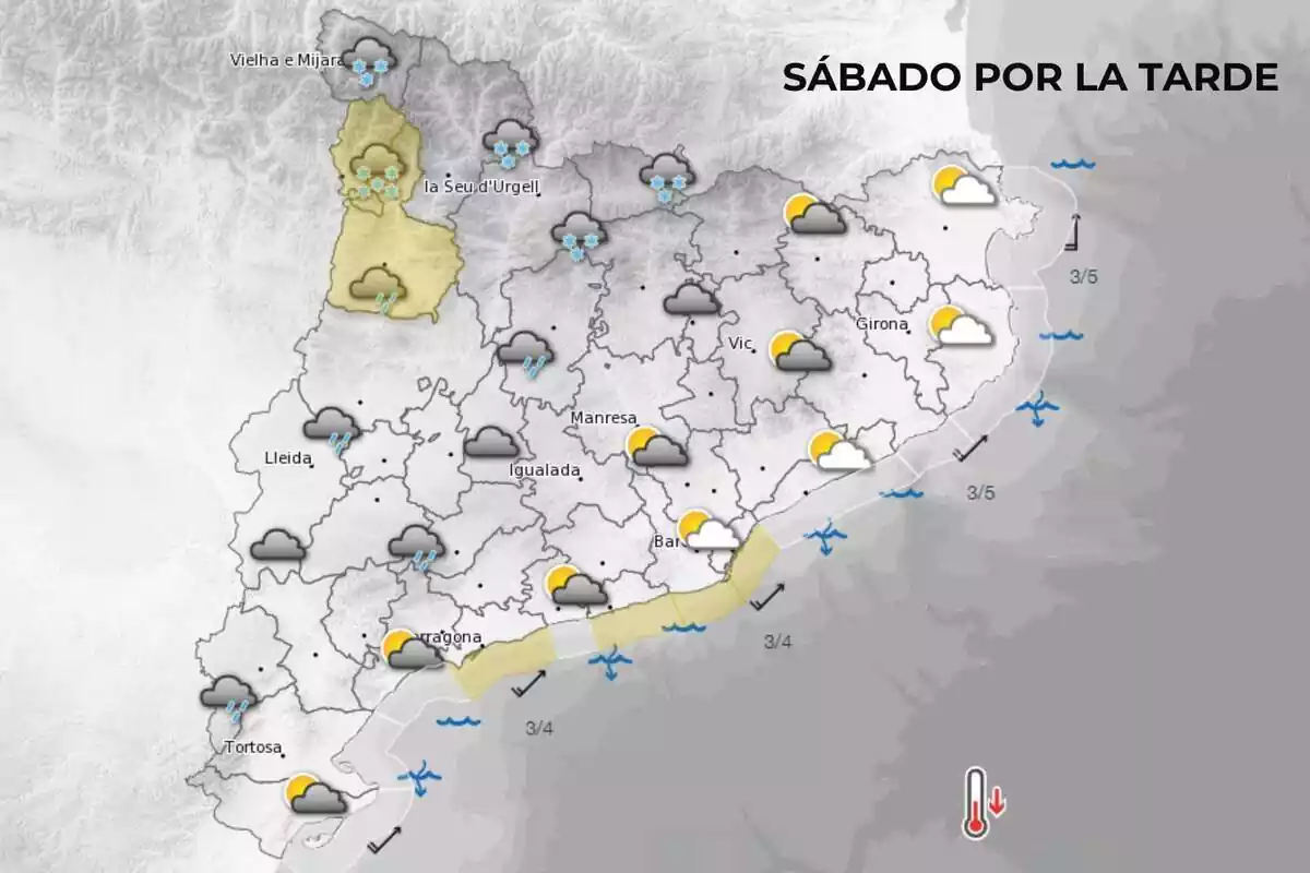 Mapa de símbolos del Meteocat con la previsión para el sábado por la tarde Mapa de símbolos del Meteocat con la previsión para el sábado por la tarde