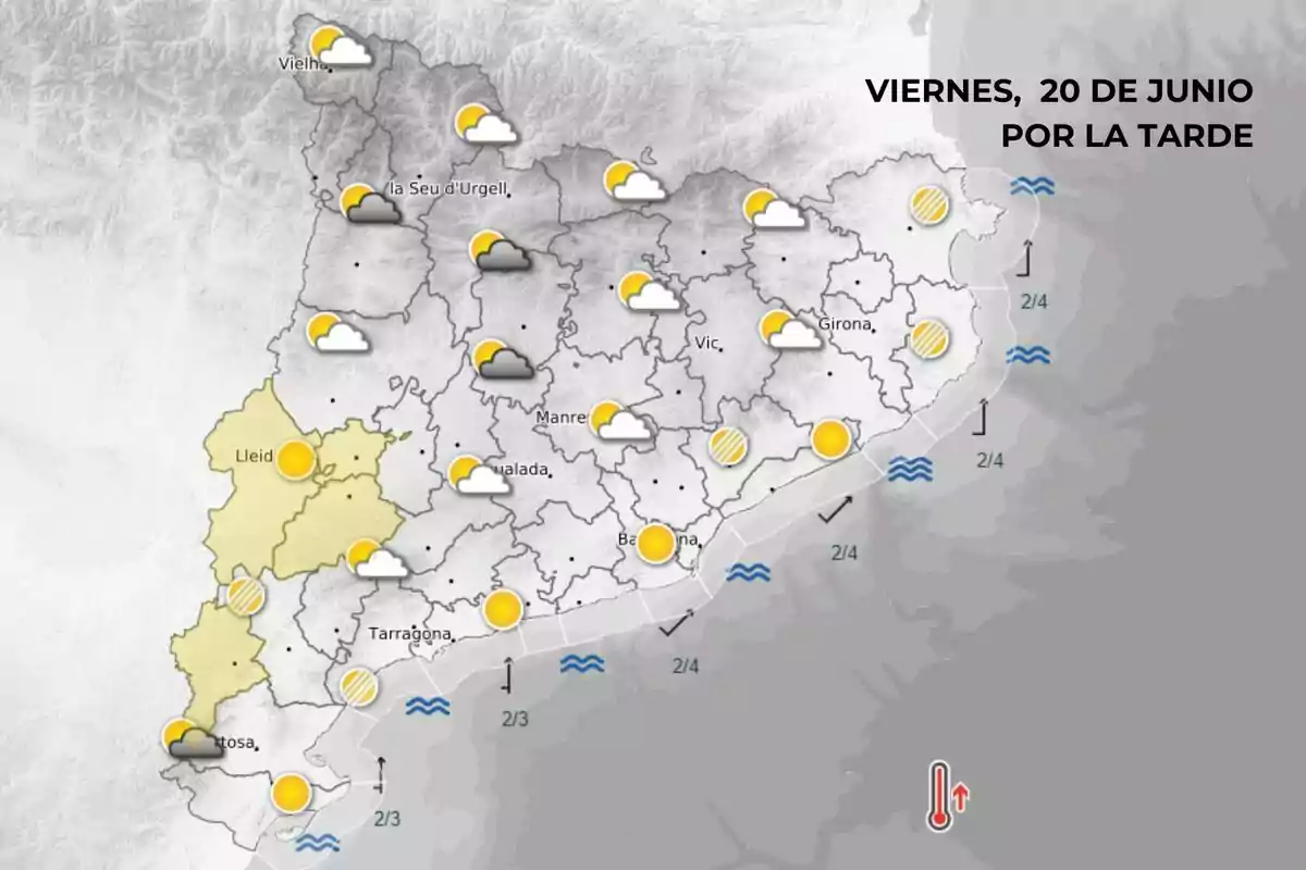 Mapa meteorològic de Catalunya per a la tarda de divendres 20 de juny amb icones que indiquen sol, núvols i clarianes en diferents zones, algunes àrees amb nuvolositat més densa i d’altres amb predomini de sol, a més de símbols d’onatge a la costa i un termòmetre que suggereix un augment de la temperatura. Mapa meteorològic de Catalunya per a la tarda de divendres 20 de juny amb icones que indiquen sol, núvols i clarianes en diferents zones, algunes àrees amb nuvolositat més densa i d’altres amb predomini de sol, a més de símbols d’onatge a la costa i un termòmetre que suggereix un augment de la temperatura.