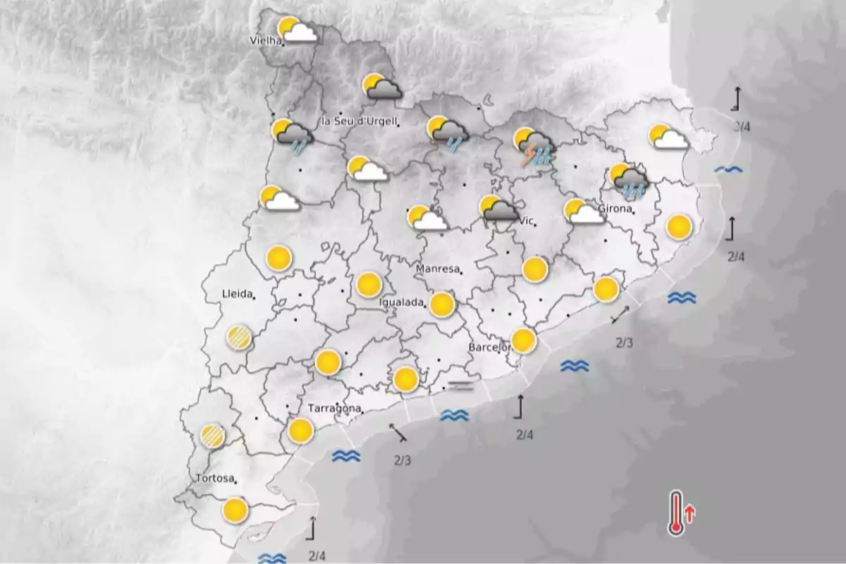Mapa meteorològic de Catalunya mostrant diferents condicions climàtiques com sol, núvols i pluja en diverses regions. Mapa meteorològic de Catalunya mostrant diferents condicions climàtiques com sol, núvols i pluja en diverses regions.