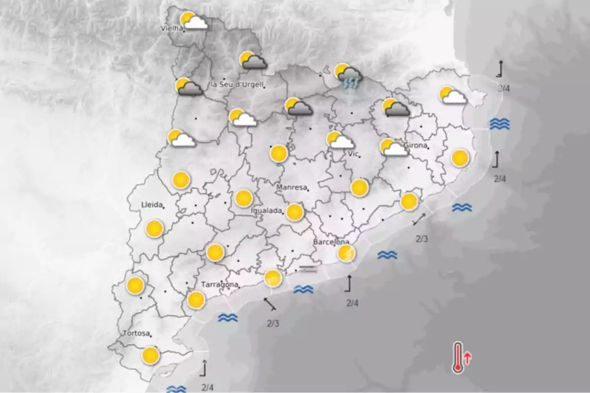 Mapa meteorològic de Catalunya mostrant condicions climàtiques variades amb sol, núvols i pluja en diferents regions. Mapa meteorològic de Catalunya mostrant condicions climàtiques variades amb sol, núvols i pluja en diferents regions.