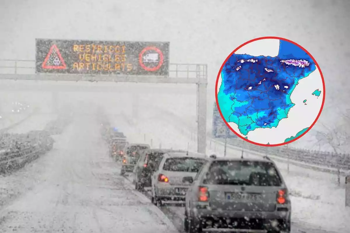 Muntatge amb una carretera plena de neu i un mapa de mínimes previstes per l'AEMET pel dijous