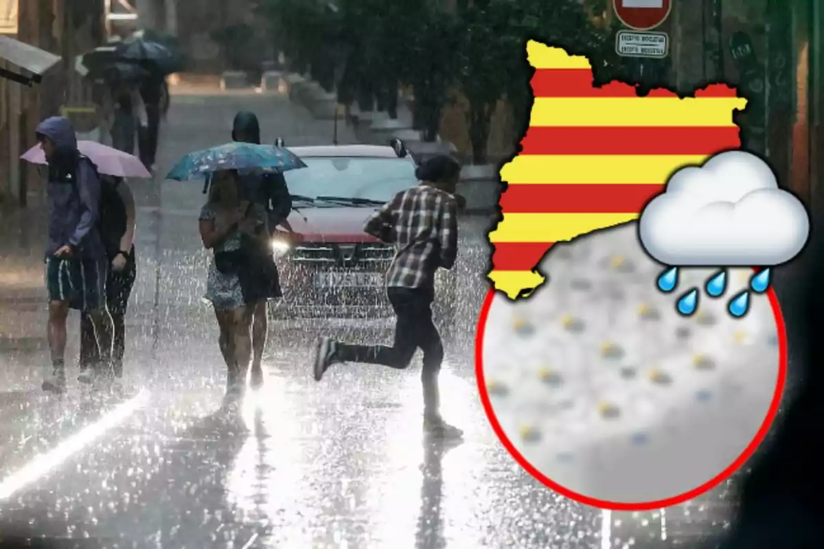 Persones caminant sota la pluja intensa amb paraigües en un carrer urbà, mentre un gràfic del temps mostra un núvol amb pluja sobre un mapa del temps del 12 d'octubre del 2024.