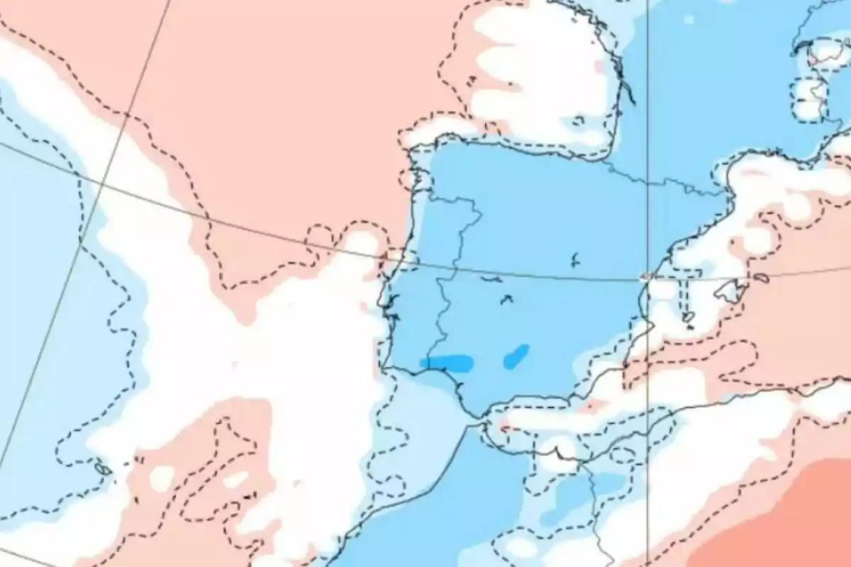 Mapa meteorològic que mostra àrees en tons blaus i vermells sobre la península Ibèrica i parts d'Europa i Àfrica indicant diferents condicions climàtiques. Mapa meteorològic que mostra àrees en tons blaus i vermells sobre la península Ibèrica i parts d'Europa i Àfrica indicant diferents condicions climàtiques.