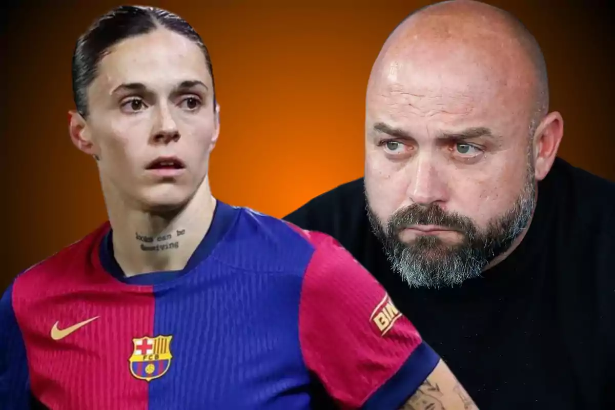 A person wearing an FC Barcelona jersey next to a bald man with a beard, both with serious expressions, against an orange background.