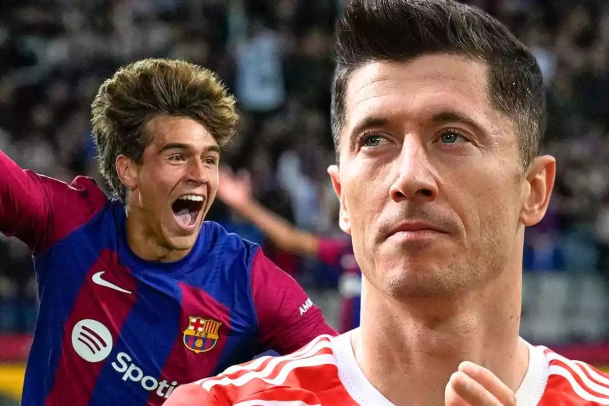 El davanter del Barça Lewandowski en primer pla amb una foto de Marc Guiu, del planter del club que presideix Joan Laporta.