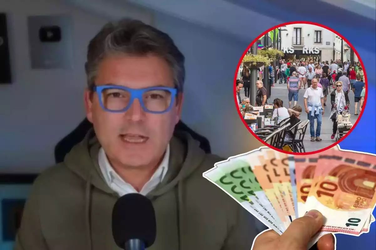 Imatge de fons de l'economista Marc Vidal i una altra imatge de diversos turistes passejant per un carrer de Benidorm, amb una tercera imatge d'una mà amb bitllets