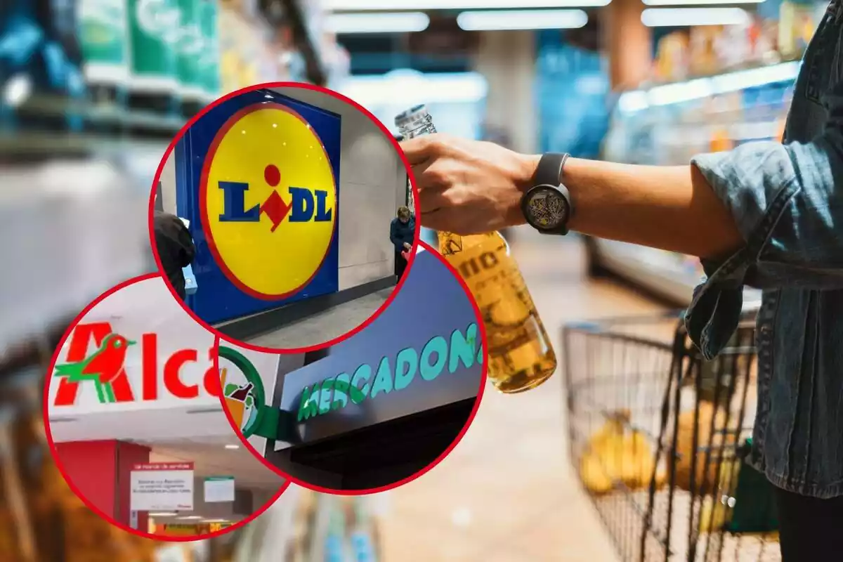 Marcas Alcampo, Lidl y Mercadona, cada una en un círculo rojo, sobre fondo de brazo de un hombre en supermercado eligiendo cervezas