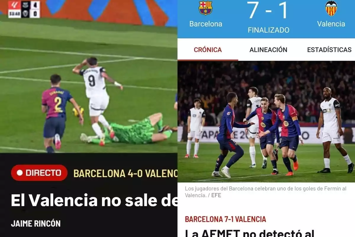 Imagen que muestra un partido de fútbol entre Barcelona y Valencia, con un marcador final de 7-1 a favor de Barcelona, y escenas del juego donde los jugadores celebran y compiten en el campo.