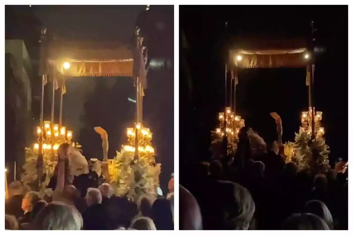 Muntatge de fotos de dues captures de pantalla d'un vídeo on apareixen persones subjectant la Mare de Déu dels Dolors després d'haver caigut durant una processó de Setmana Santa a Badalona