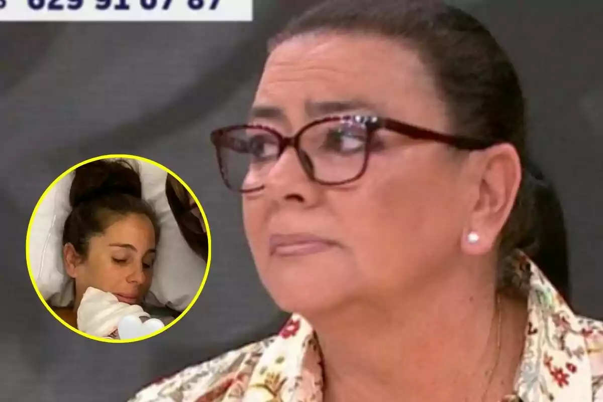 María del Monte con gafas y expresión seria en Y ahora Sonsoles aparece en primer plano mientras en un recuadro se ve a Anabel Pantoja acostada con un bebé.