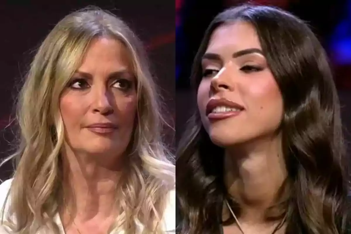 María José Galera amb expressió seriosa a l'esquerra i Lucía somrient a la dreta, tots dos al plató de Gran Hermano.