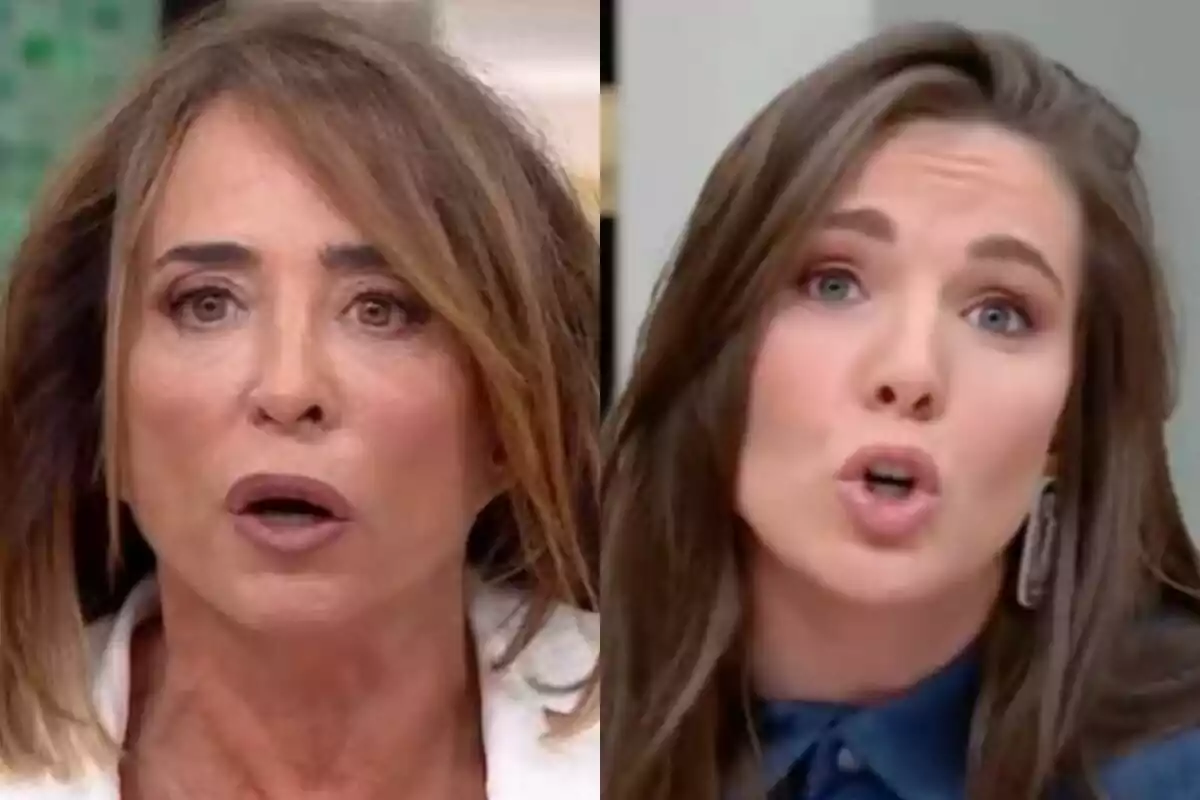 Dues dones apareixen en primer pla amb expressions de sorpresa o d’admiració a La Família de la Tele, María Patiño de cabell castany clar i Inés Hernand de cabell castany fosc, ambdues mirant cap endavant.