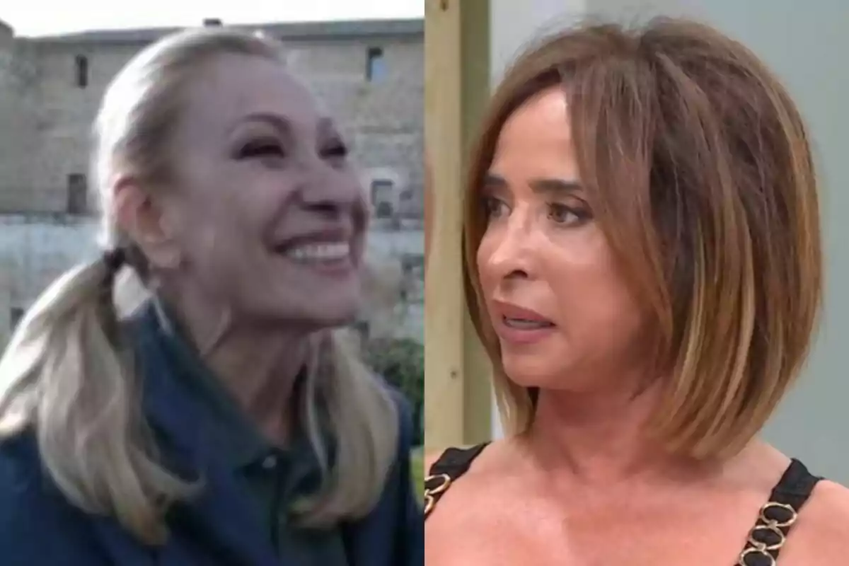 Dues dones en una imatge dividida, Rosa Benito a l'esquerra somriu amb els cabells recollits en cuetes i María Patiño a la dreta té els cabells solts i sembla estar parlant a La Família de la Tele.