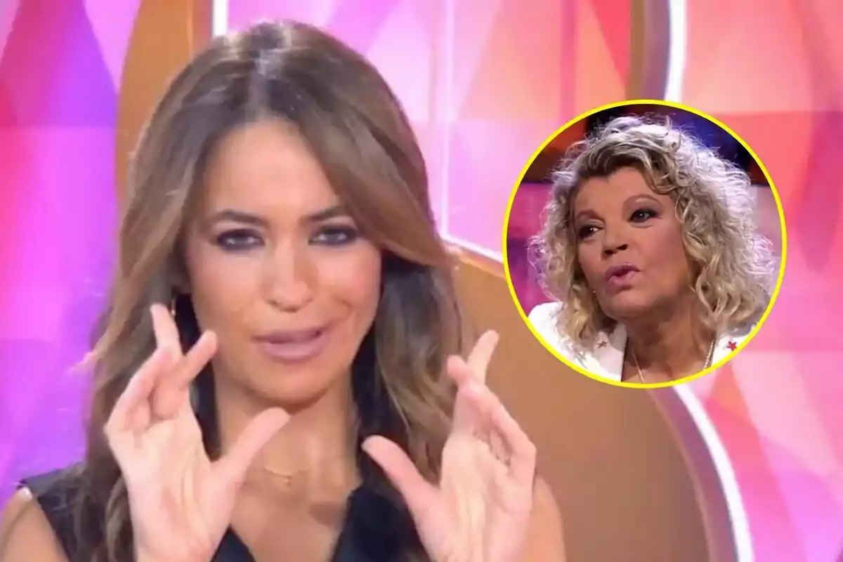 María Verdoy gesticulant amb les mans en un plató de Socialité acolorit mentre a la cantonada apareix el rostre de Terelu Campos emmarcat en un cercle groc