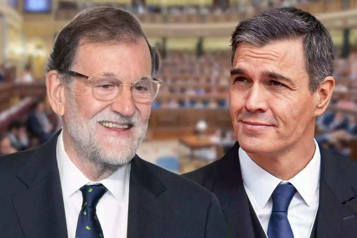 Muntatge amb un pla mitjà curt de Mariano Rajoy somrient i un de Pedro Sánchez mirant cap amunt