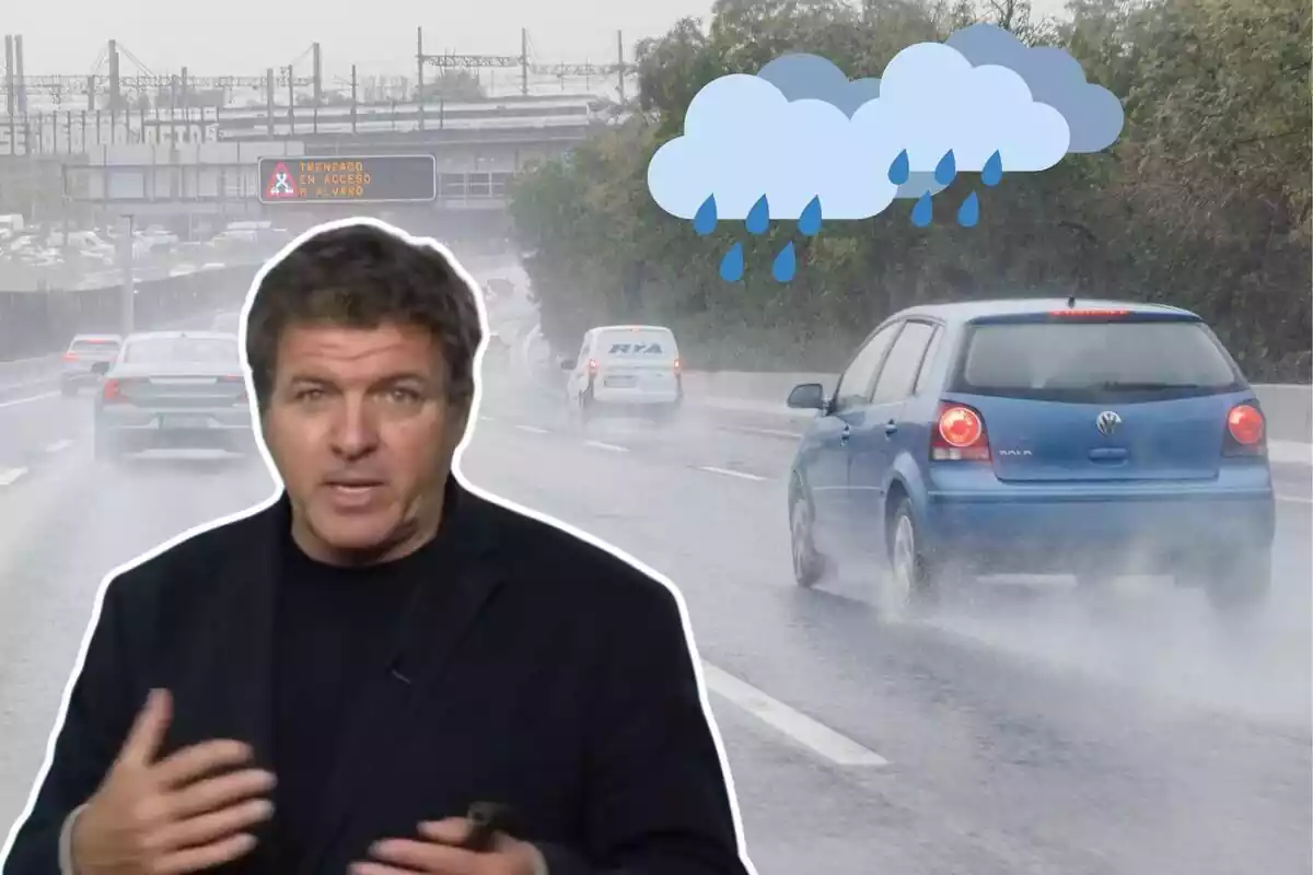 Imatge de fons de diversos cotxes circulant per una carretera amb pluja, una altra imatge de Mario Picazo en primer pla i dues emoticones de núvols amb pluja