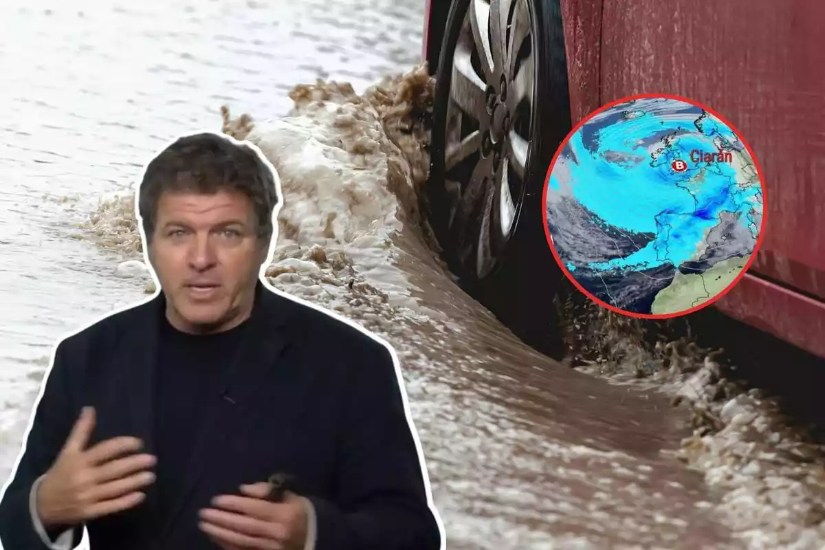 Muntatge amb Mario Picazo, un cotxe travessant un toll d'aigua i un mapa de precipitació