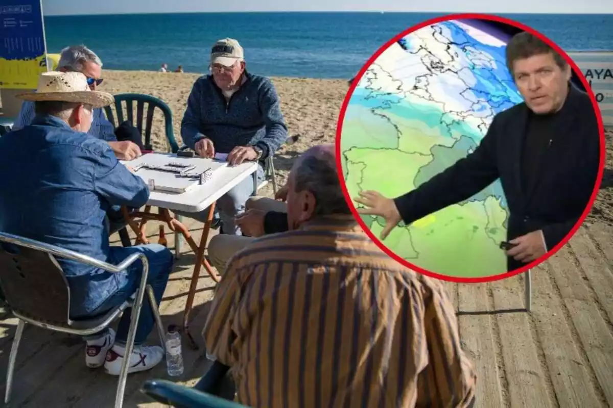 Imatge de fons d´unes persones a la platja, abrigats, jugant al dòmino i una altra imatge de Mario Picazo assenyalant un mapa d´Espanya